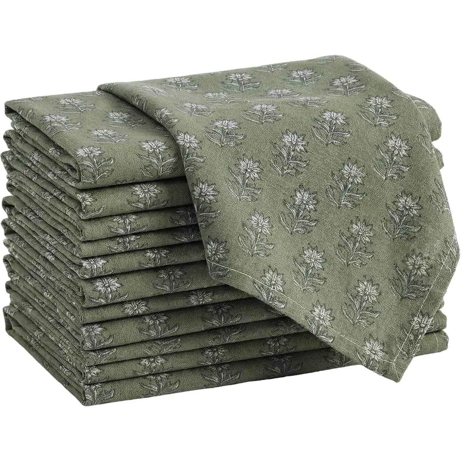 Set of 12 Floral Cloth Napkins Grey Green Linen Cloth Napkins Spring Flower Wildflowers Dinner Napkin 15 x 15 Inch Vintage Washable Reusable for Dinner Home Restaurant Wedding Decor