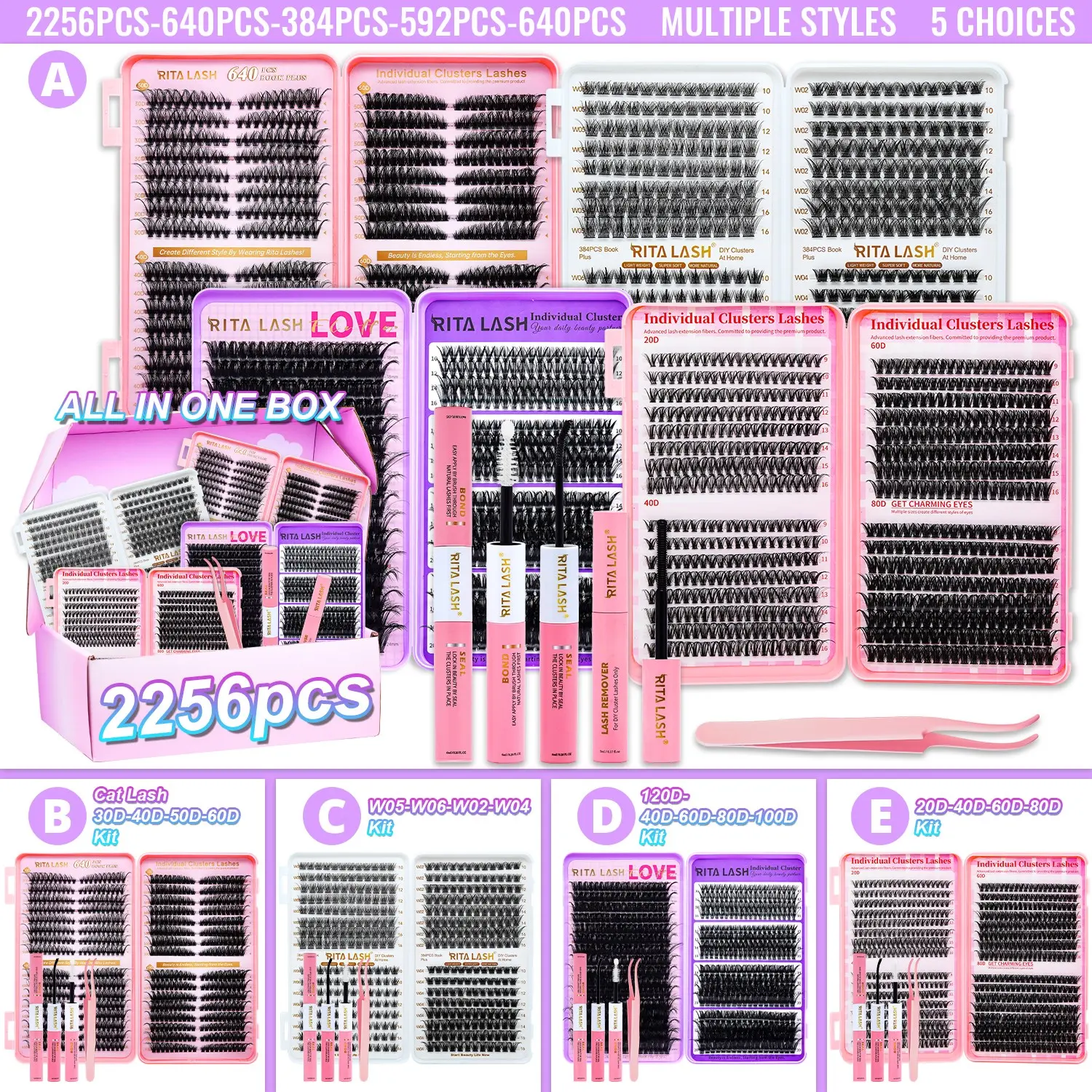 RITALASH 2256Pcs Large Pack 4 Trays Lash Book Clusters Kit Eyelash Clusters Lash Kit Volume Lashes Clusters D Curl DIY Individual False Eyelashes with  Bond&Seal Wispy Bulk Cluster Eyelash Extensions Kit Diy Eyelash Set