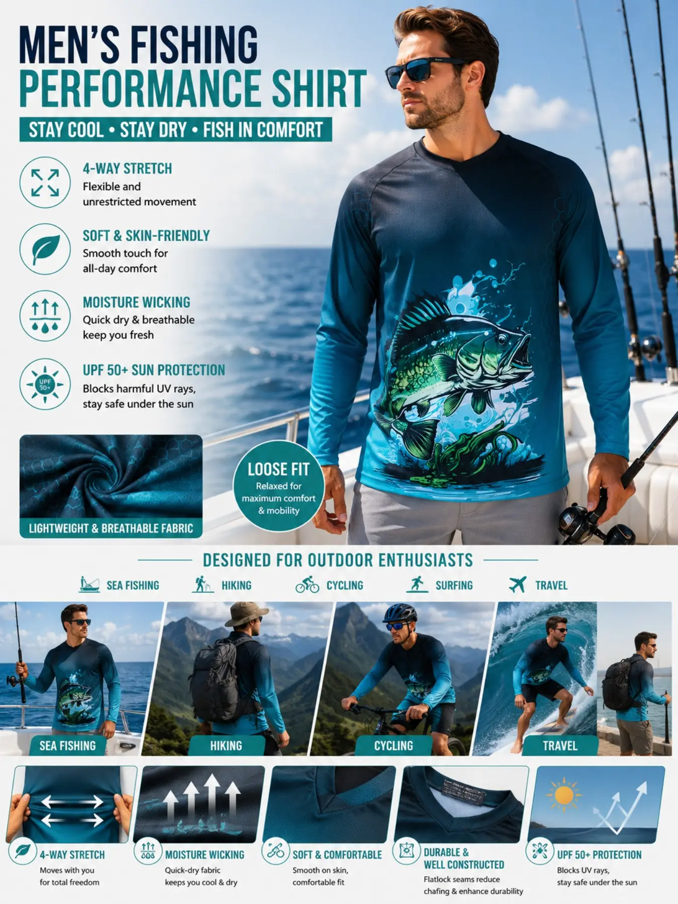 Men's Upf 50 Long Sleeve Bass Fishing Shirt, Outdoor Fishing Clothing, Quick-Dry UV Protective, All Seasons, Sports Style, Spin Casting Gear