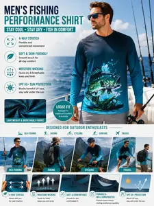 Men's Upf 50 Long Sleeve Bass Fishing Shirt, Quick-Dry UV Protective, All Seasons, Sports Style, Spin Casting Gear