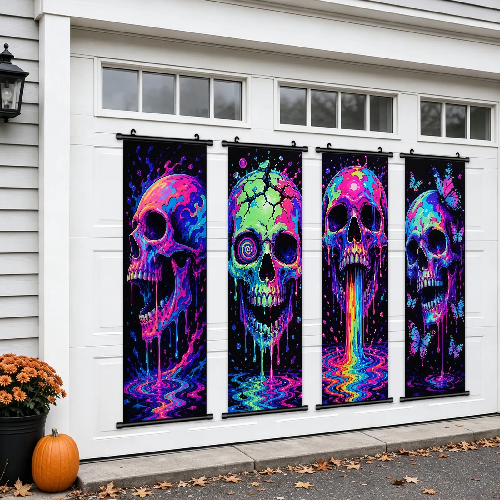 Halloween Decorations Large 4Pcs Melting Neon Skull Portraits Vintage Vinyl Backdrop Decor Outdoor Horror Poster For Indoor Holiday Home Wall Art Wallpaper Hanging Porch Sign Banner Party Wall Decor High Quality Waterproof Painting Hd Artwork