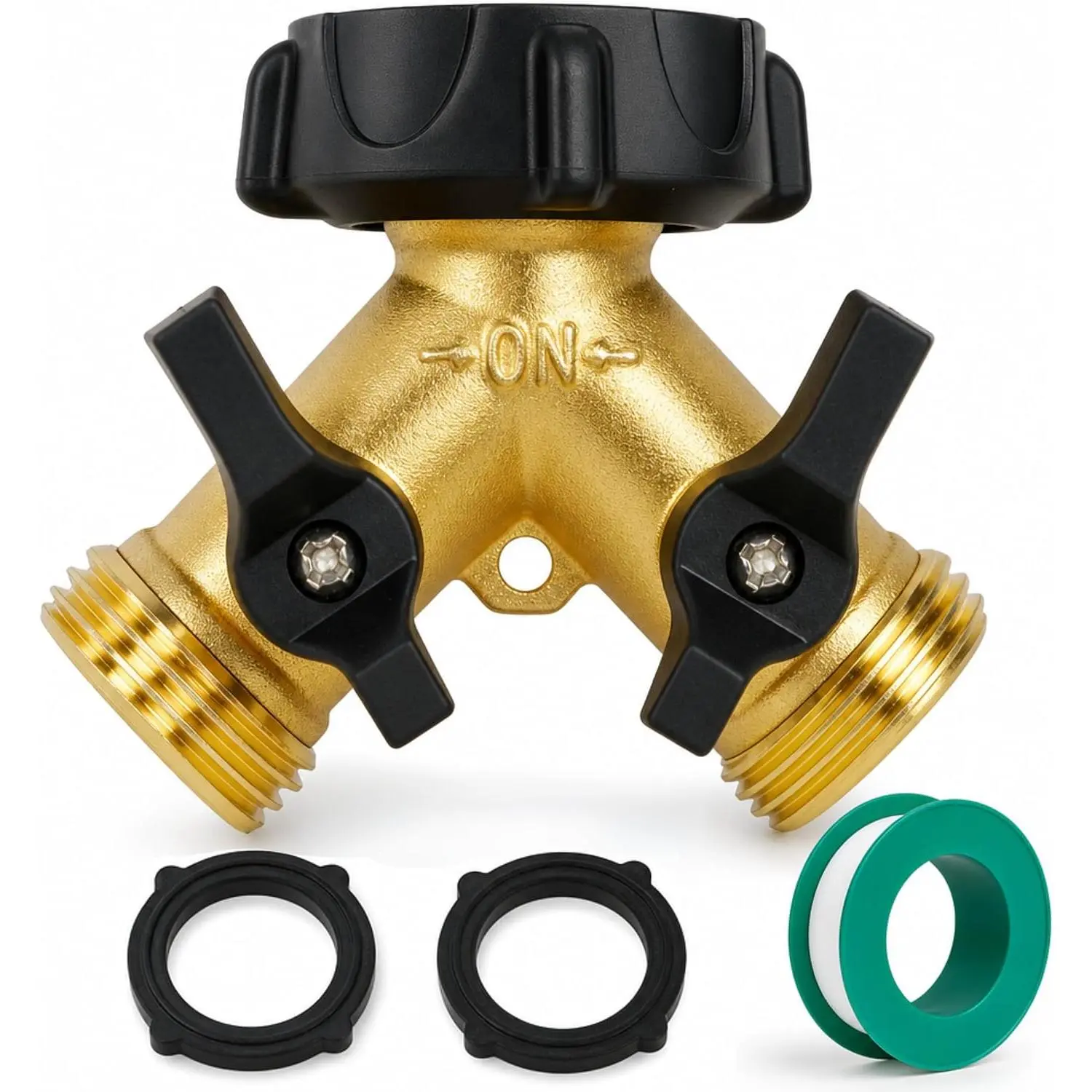 Brass Garden Hose Splitter 2 Way, 3/4 Inch Hose Connector Tap Splitter, Hose Y Splitter, Hose Spigot Adapter 2 Valves with Extra Rubber Washers