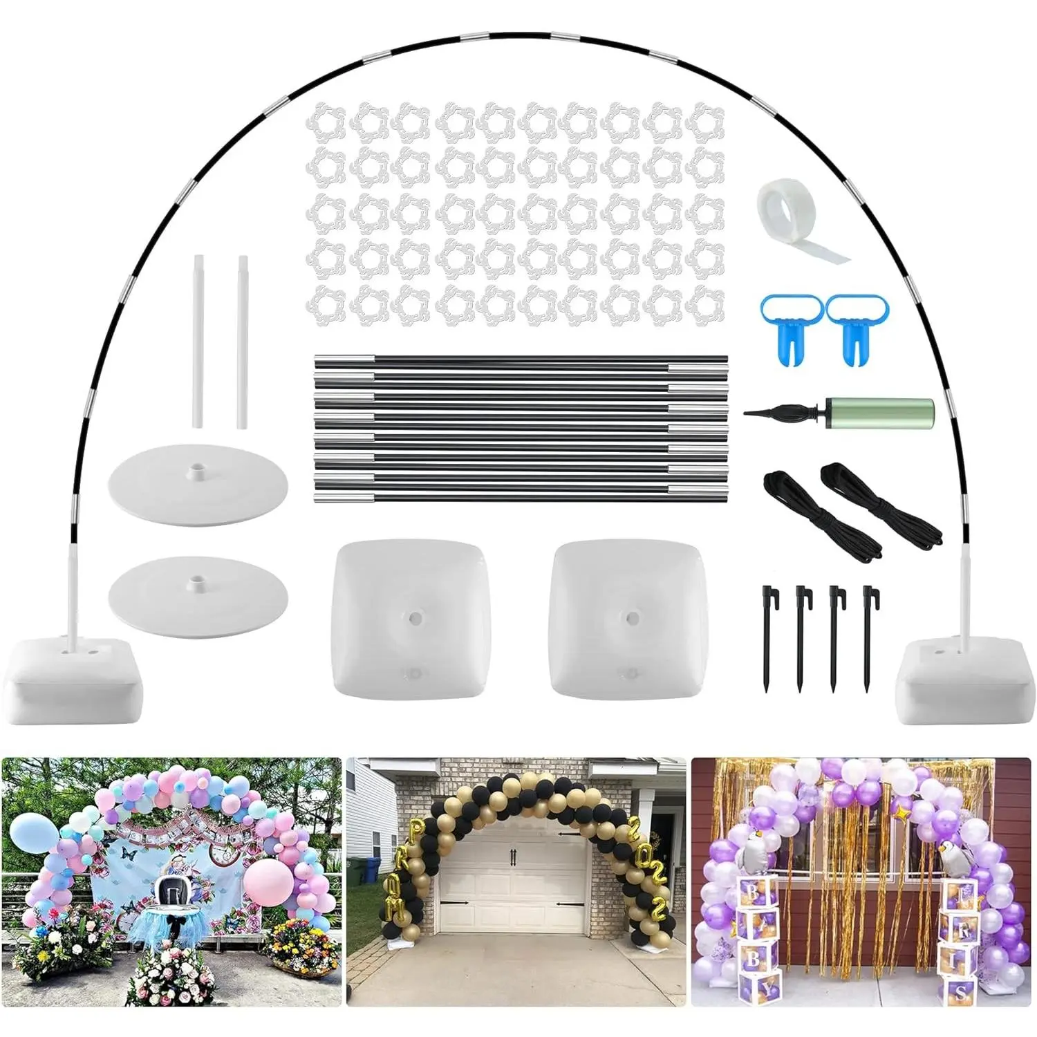 Improved Balloon Arch Kit, 10ft Wide & 9ft Tall Adjustable Balloon Arch Stand with Thicken Water Fillable Base, 50pcs Balloon Clip, Balloon Pump, Ground Nails for Wedding, Graduation, Birthday Party