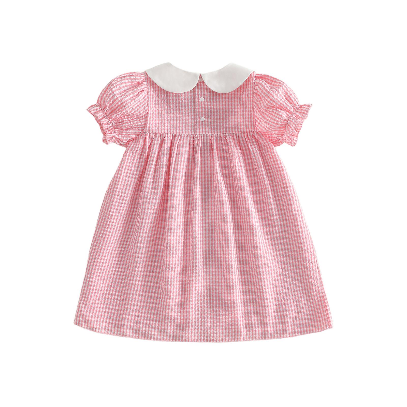 Toddler Little Baby Girl Summer Dress Crawfish Boil Embroidered Dress Short Sleeve Doll Collar Plaid Dresses Clothes