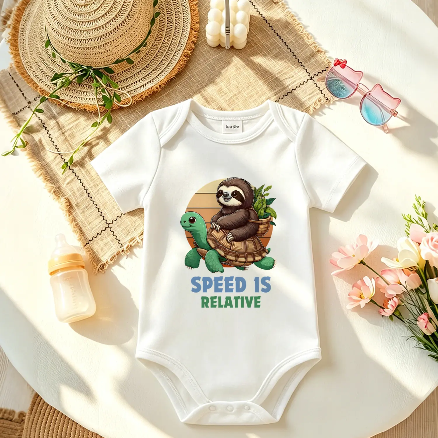 Sloth and Tortoise Graphic Baby Onesie, Soft Cotton Short Sleeve Bodysuit for Newborn Essentials, Cute Unisex Summer Baby Clothes Baby Shower Gift