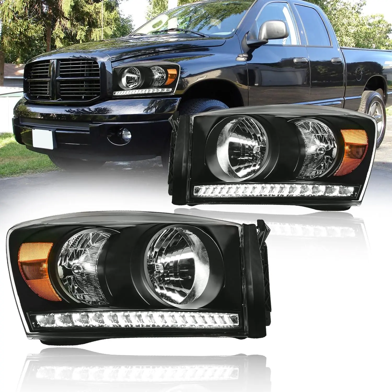 LED Headlight Assembly Kit with LED Outside Lighting - Black Housing, Amber Reflector, Compatible with 2006-2008 Dodge Ram 1500, 2006-2009 Ram 2500/3500 (Halogen Headlamp Models Only)