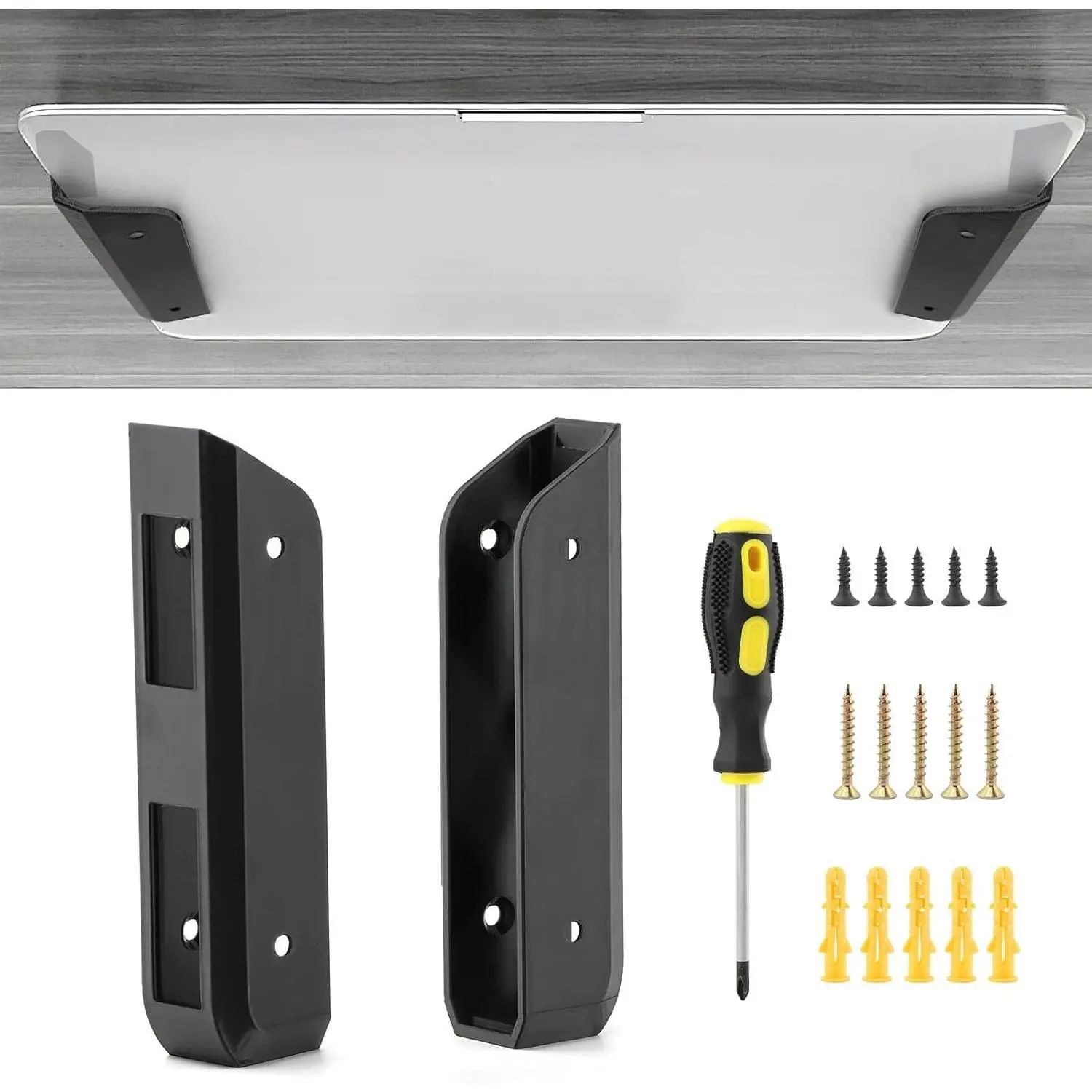 Functional Under Desk Laptop Mount for Office Use - Black, Adhesive & Screws Installation, Anti-Scratch Pads, 1.1in/28mm Thick, Compatible with Laptops, Keyboards, Tablets, Compact