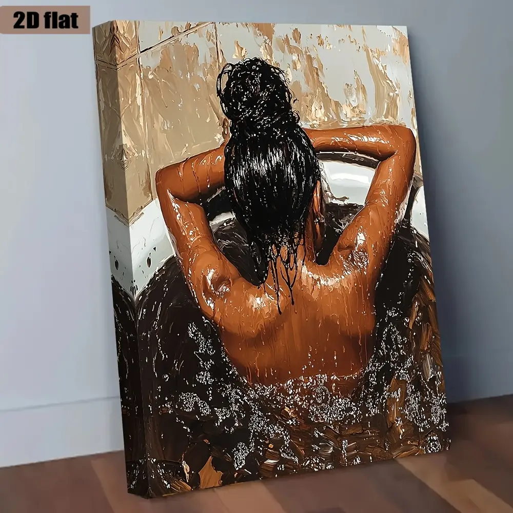 Beautiful Black Woman Relaxing Bath Canvas Art, Afrocentric Wall Decor, Vintage Style Feminine Artwork, Boho Home Decoration for Bedroom Living Room