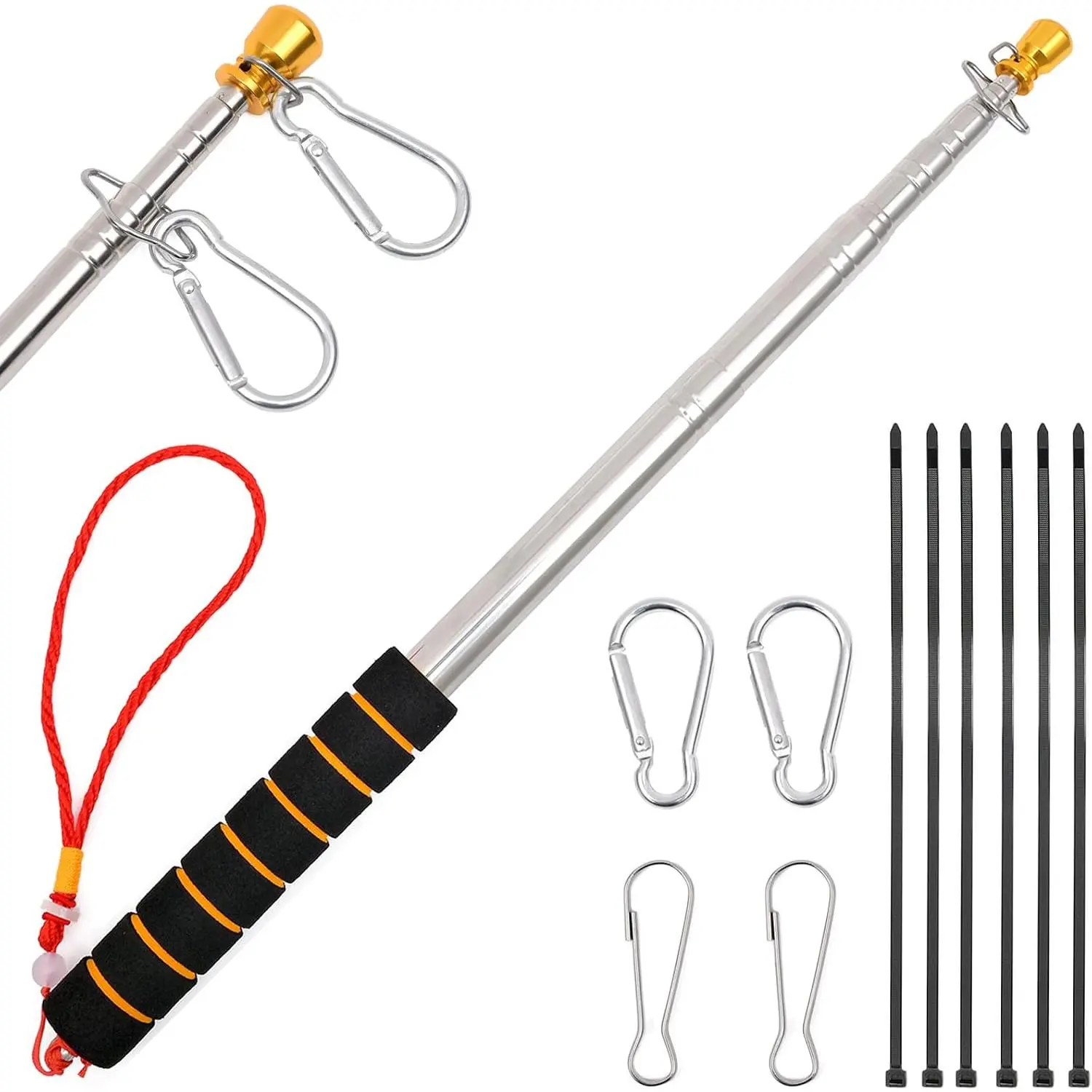 Portable Handheld Flag Pole with Clips Zip Ties,Telescopic Handheld Flagpoles,Extendable Tour Guide Flag Pole Telescoping Teaching Pointer Stick for Festival Teachers (8.2 Ft, Black+Orange)