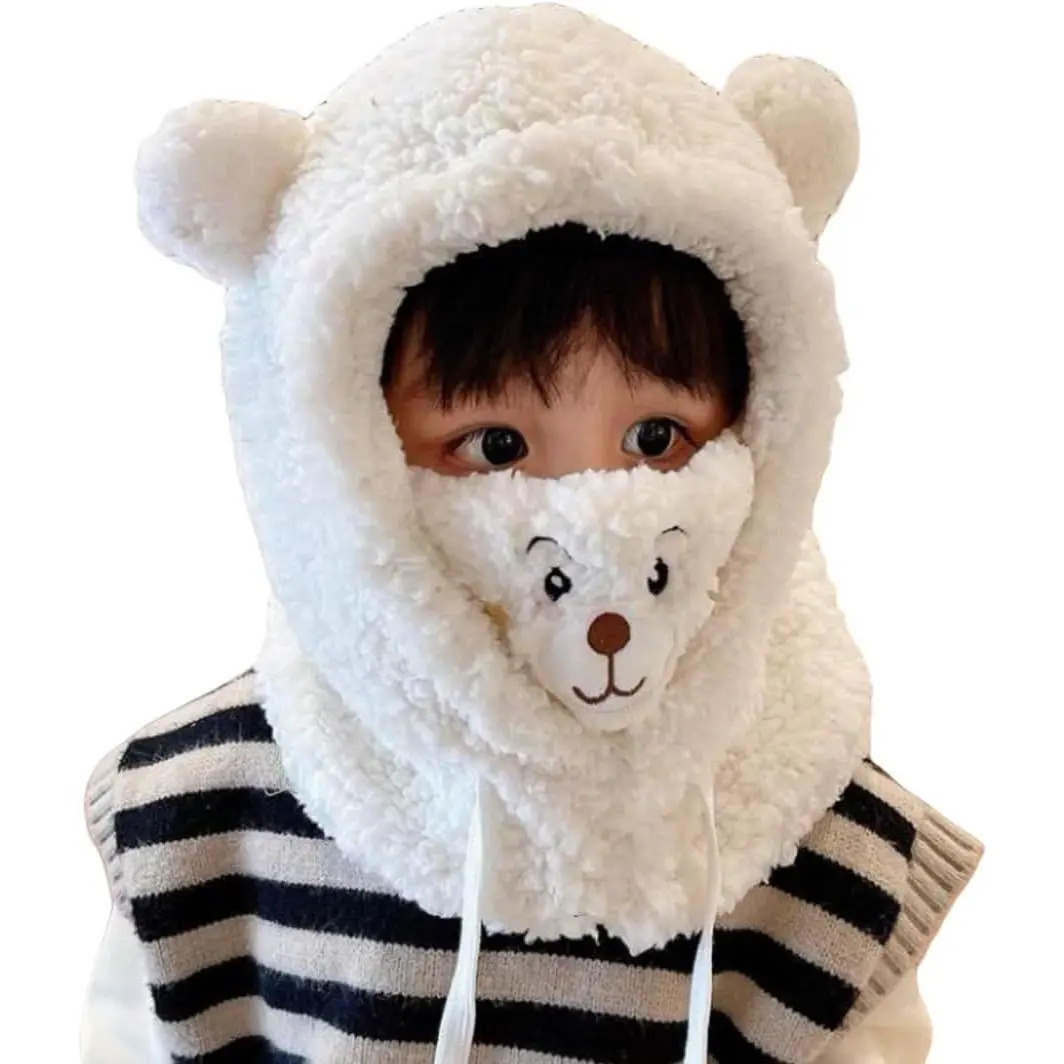 Winter Warm Scarf Hat Balaclava Kids Thick Earflap Hood Cap Thick Fleece Lining Skull Caps  5-14Y Boys Girls