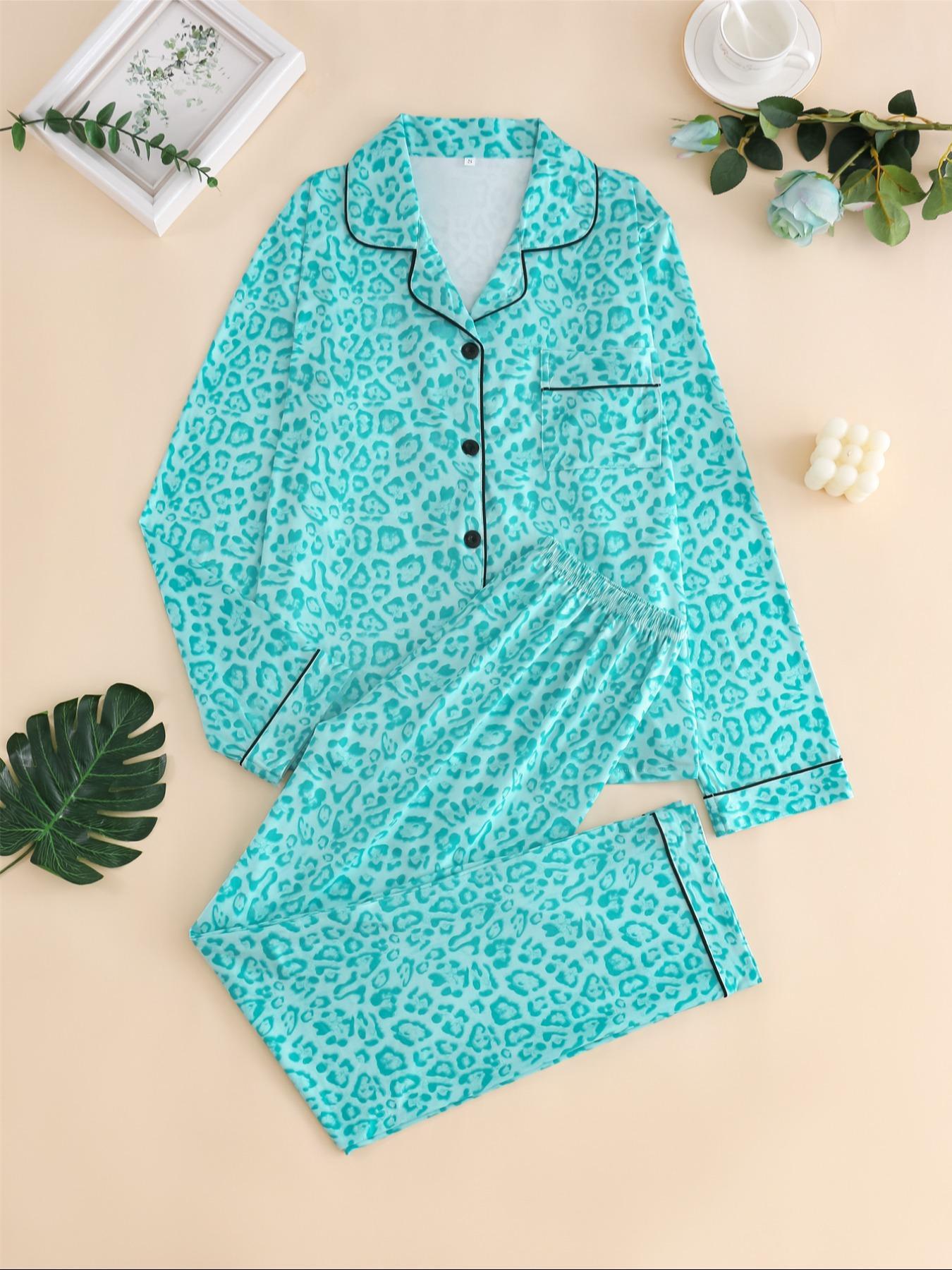 Women's Leopard Print Button Front Pocket Lapel Shirt & Elastic Waist Pants Pyjama Two-piece Set, Casual Comfy Pocket Long Sleeve Top & Trousers Pj Set, Women's Sleepwear for Spring & Fall, Loungewear Set Women, Leopard Print Pajamas