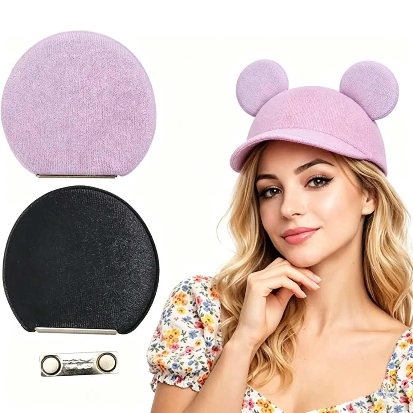 2pcs Magnetic Mouse Ears for Hats, Detachable Ears for Men Women Kids, Includes Extra Magnets, Fits Baseball Caps and More