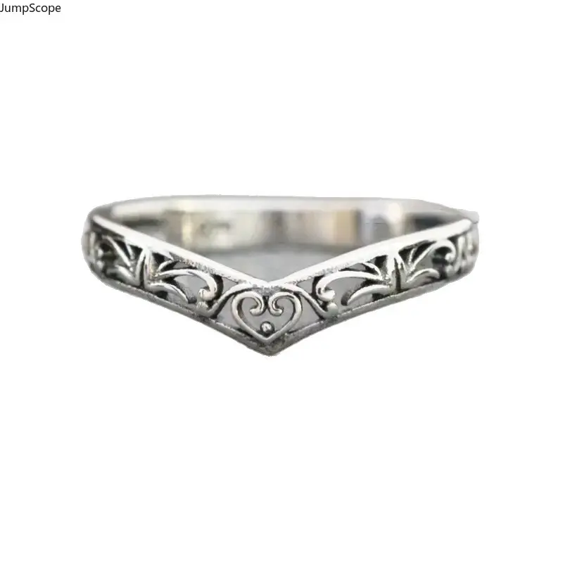 Antique Oxidized Silver V-Shaped Filigree Ring, Hollow Heart Scroll Engraved Chevron Band, Vintage Dainty Stackable Women Finger Jewelry