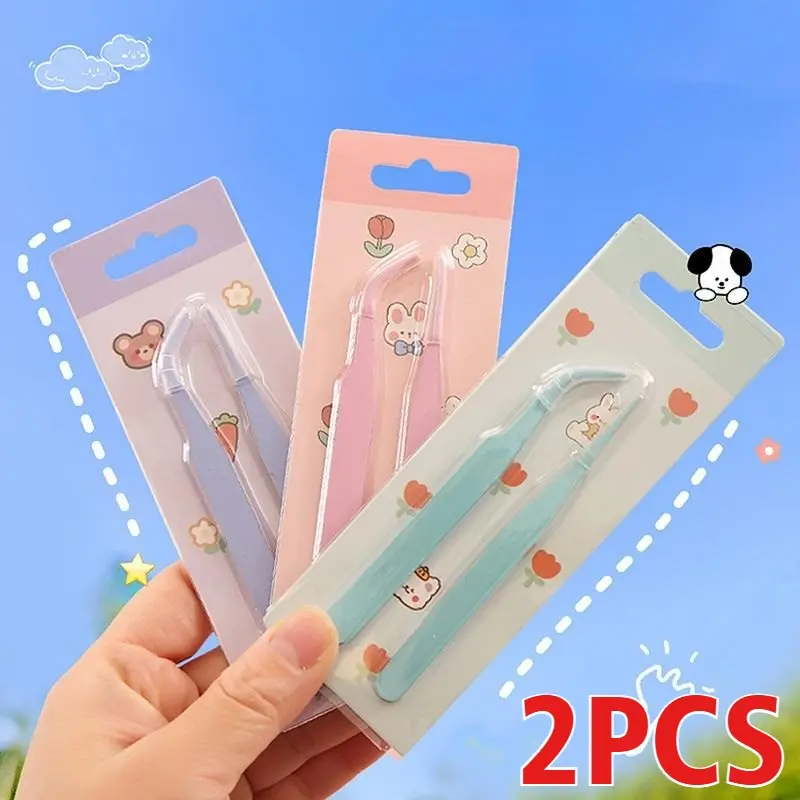 Elbow Tweezers for Stickers 2pcs DIY Eyelash Tweezers Straight Tweezers Solid Color with Cover Decal Craft DIY Eyelash Tool Office Supplies