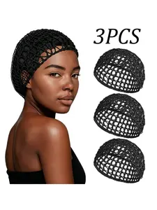 3pcs Mesh Crochet Hair Net, Rayon Knit Snood Hat, Thick Short Women Hairnet, Casual Plain Style, All Seasons Sleepwear Accessory