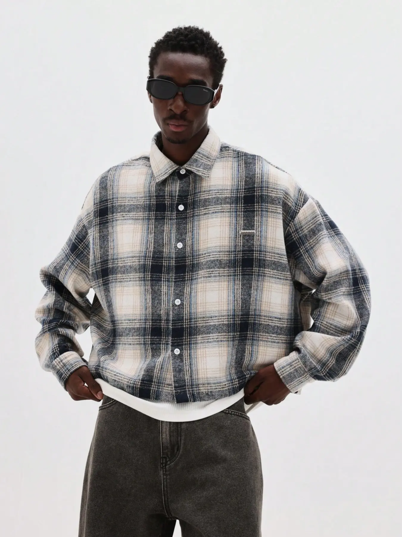 Men's Vintage Plaid Drop Shoulder Cropped Thick Flannel Shirt | Button Front Long Sleeve Casual Top | Retro Winter Layering Shirt for Men