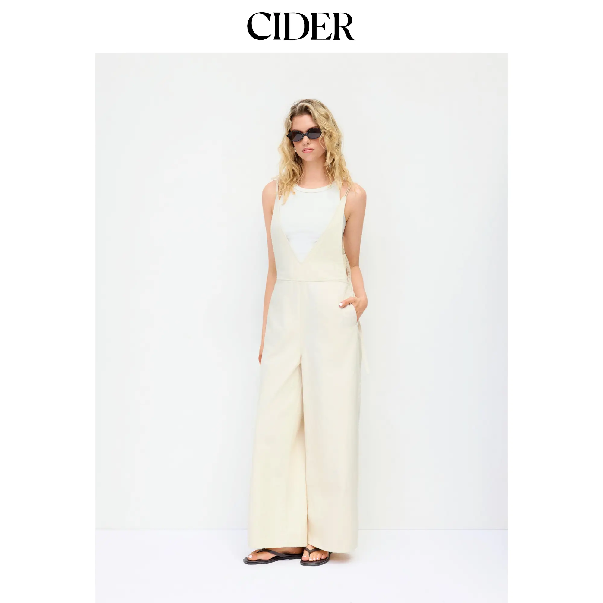Cider Denim Mid Rise V-neck Backless Pearl Detail Wide Leg Oversized Jumpsuit