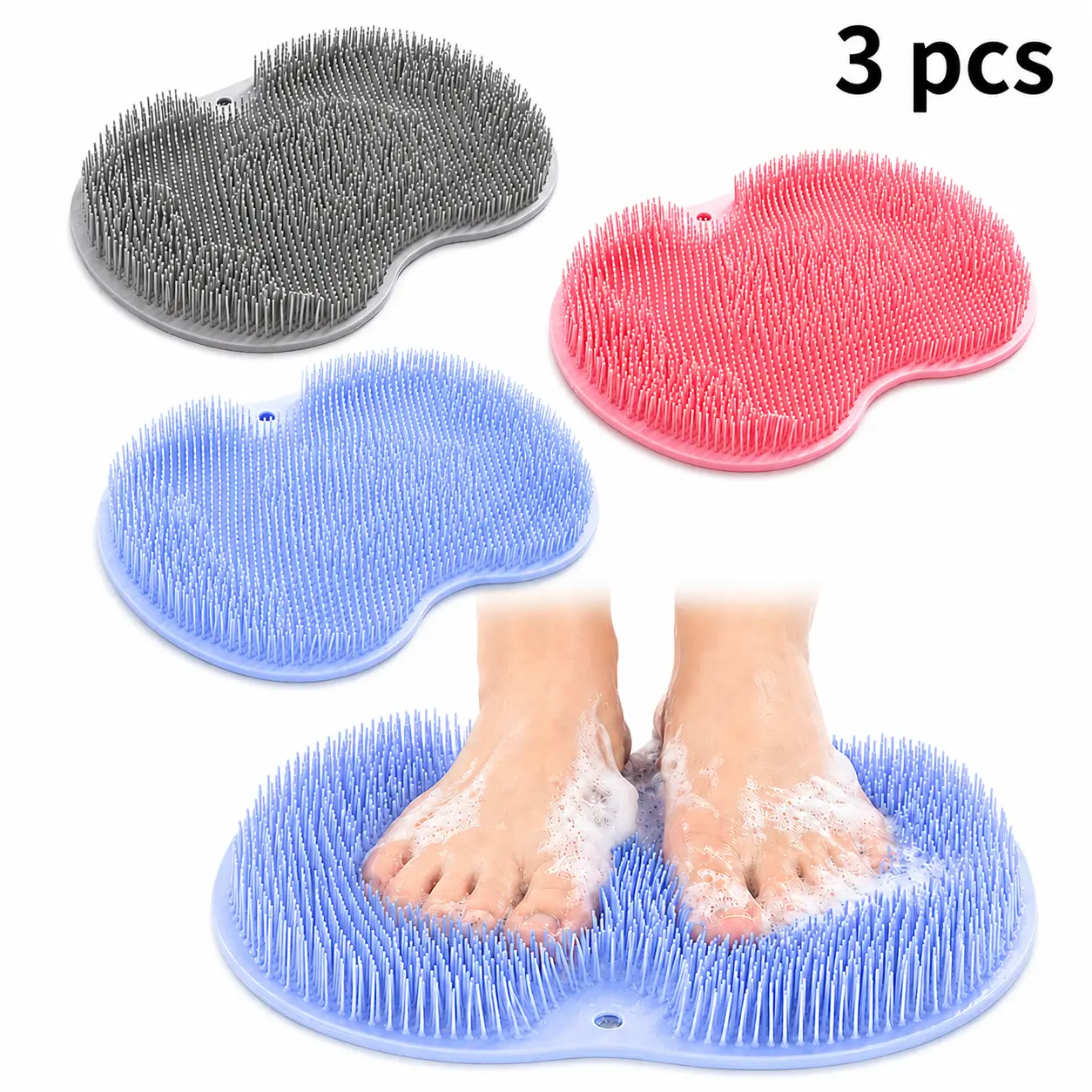 🛁 3 Pack Exfoliating Shower Massage Scraper, Foot Scrubbing Mat with Suction Cup Base, Non-slip Silicone Bath Mat for Shower Cleaning, Pink Gray Blue