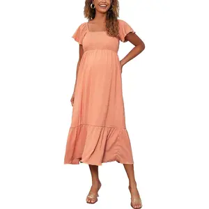 Maternity Dress Flutter Short Sleeve Square  Smocked Summer Maternity Maxi Dress for Photoshoot  Shower