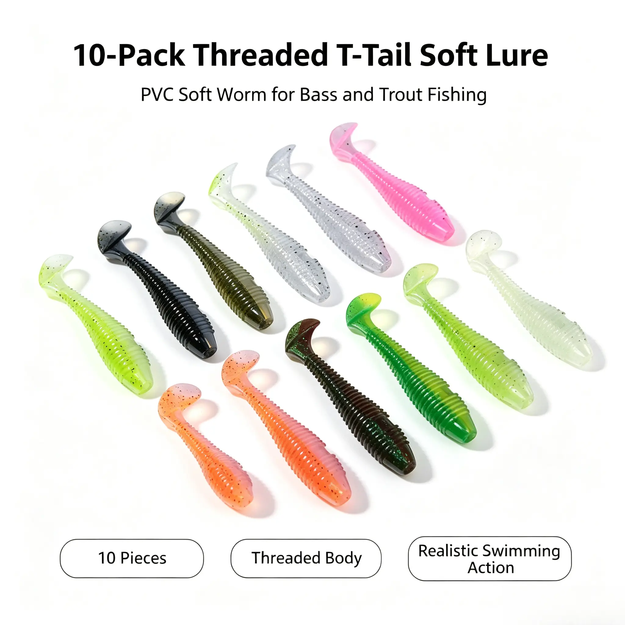 10-Pack Threaded T-Tail PVC Soft Lures, 2-Color Soft Worm Baits for Jig Heads, Realistic Swimming Action Bass Fishing Lures for Freshwater Fishing Enthusiasts