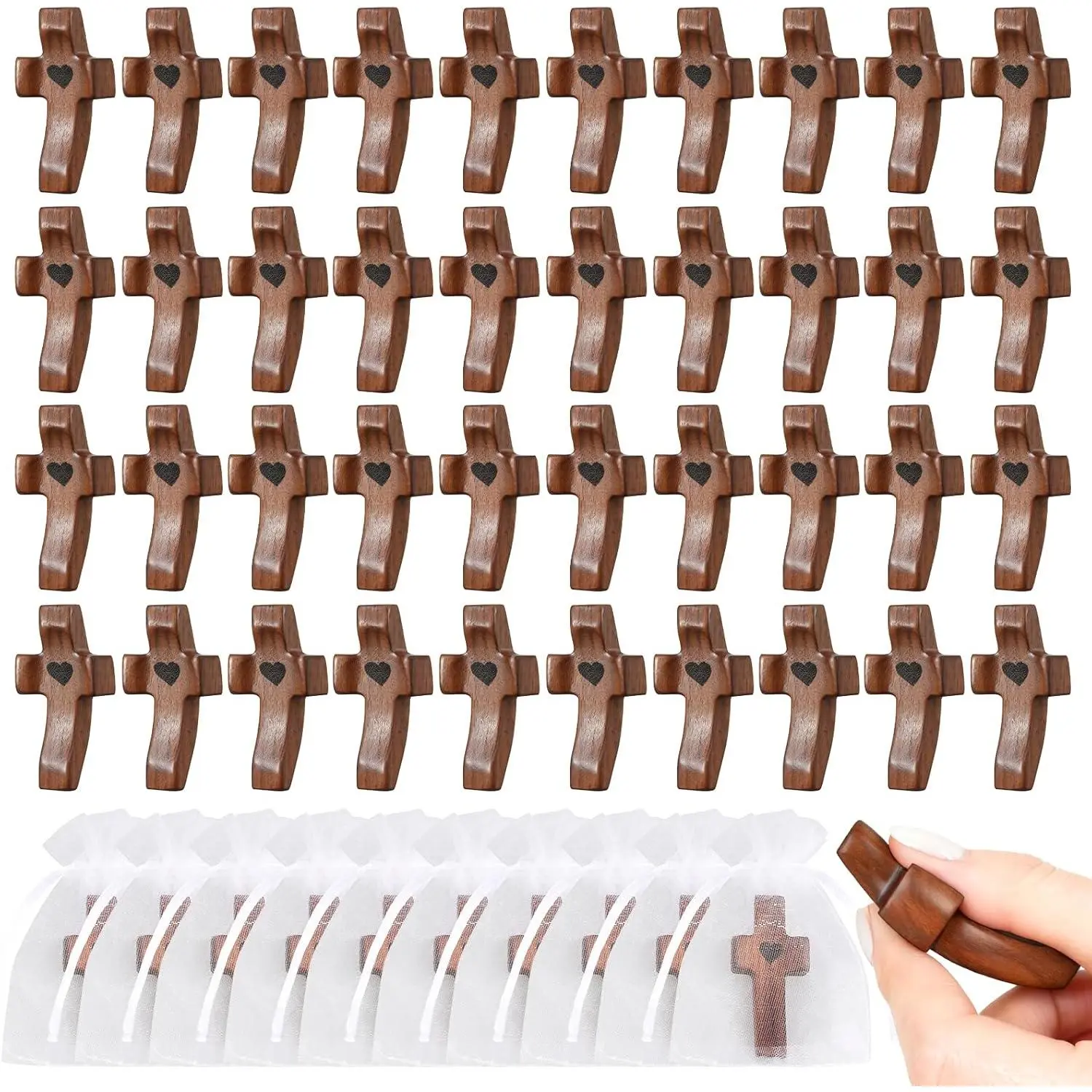 50Pcs Wooden Cross Bulk Worry Cross with Organza Gift Bags Handcrafted Solid Walnut Pocket Cross Prayer Stress Relief Christian Faith Encouragement Gifts for Church Easter Religious Sharingfidget toys