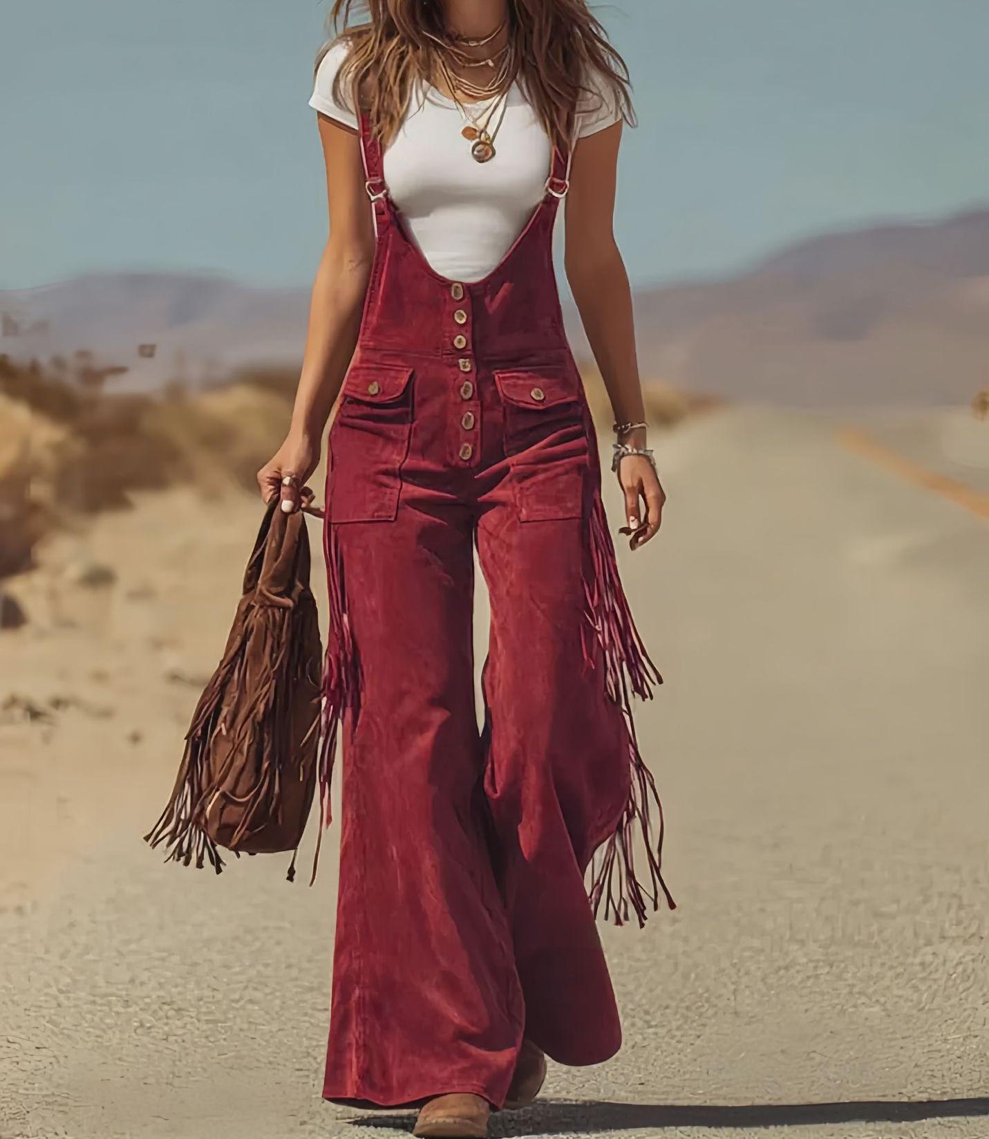 Women's Retro Faux Suede Fringe Wide-Leg Cargo Pants