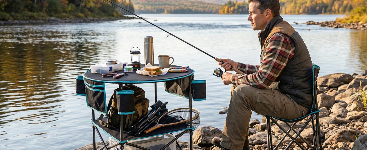 All in One Tailgate Table, Portable Beach Table with Cup Holders, Camping Table Foldable with Side Pockets Carry Bag for Camp Outdoor Sand Beach Picnic Fishing Tailgating Essentials