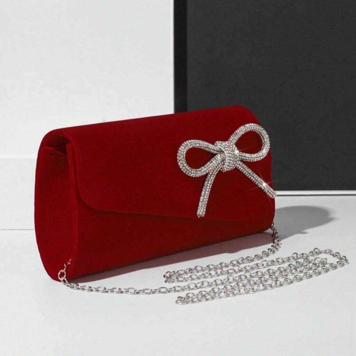 Red Mini Handbag Clutch Sparkly Rhinestone Bow Decor Purse Women Evening Bag Crossbodybag Shoulderbag With Chain For Party & Wedding, Perfect Valentine's Day Gift