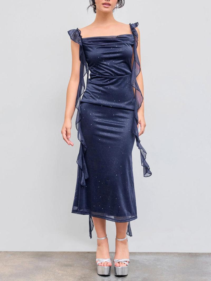 prom dresses，Valentine's Day Women's Solid Glitter Ruffle Trim Dress, Elegant Sleeveless Dress for Party Club Dating Wear, Ladies Clothes for All Seasons