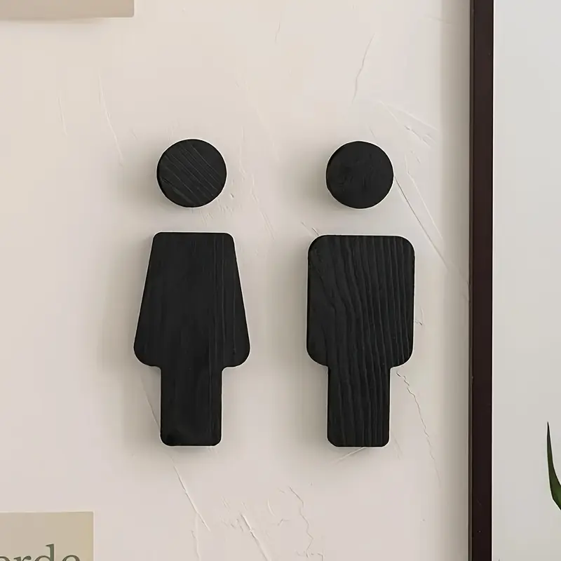 2Pcs Unisex Black Solid Wood Bathroom Signs, Restroom Indicator Plaques, Toilet Entrance Markers, Wall Decor Signage