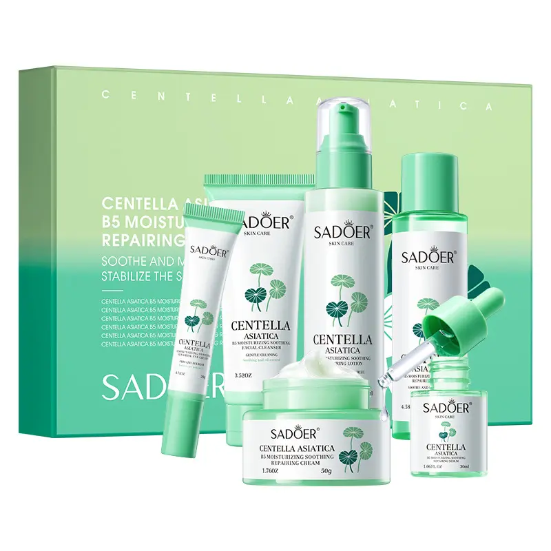 Full Face Centella Asiatica B5 Skincare Set - 6 Products Cleanser, Toner, Lotion, Serum, Cream & Eye Cream, Hydrating & Soothing for Dry, Itchy & Irritated Skin