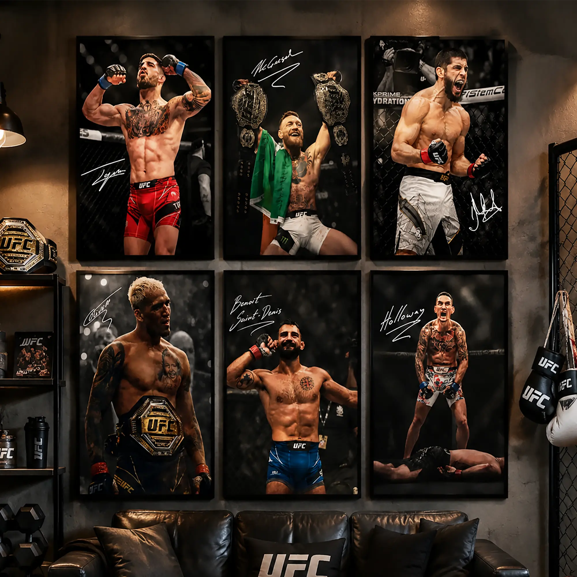 UFC Octagon MMA Fighters Canvas Wall Art Set - 6-Piece Autographed Prints Posters of Conor McGregor, Alex Pereira, Charles Oliveira, Justin Gaethje, Tom Aspinall, Max Holloway - Home Decor Gift for Combat Sport Fans