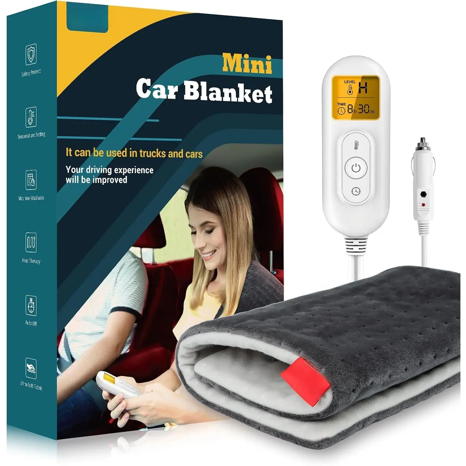 12V/24V  Electric Blanket for , 4 Heat Settings, 11Auto-Off, Portable Mini Travel Blanket for , , , , , SUV, 12" x 24" Washable for Drivers Women Men Winter