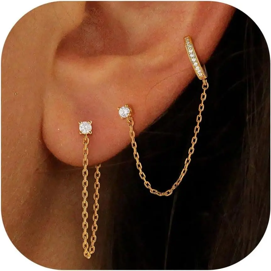 14k Gold Plated Chain Earrings for Women Trendy Dainty Hypoallergenic Cubic Zirconia Stud Earrings for Sensitive Ears Nickel Free Gold Drop Dangle Earrings for Women Jewelry