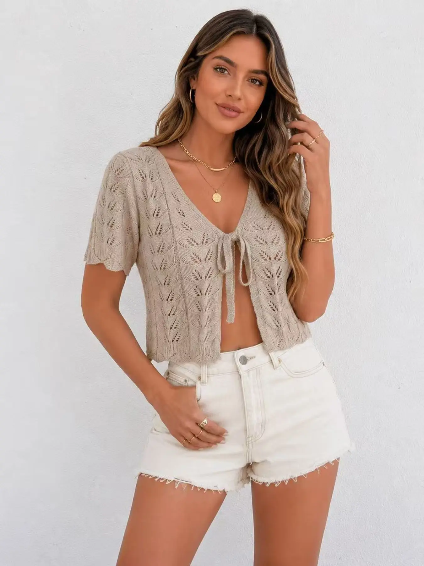 American Style Lazy Hollow Out Knit Cardigan for Women, Summer Tie Short Sleeve Top, High-End Slimming Versatile Fashion