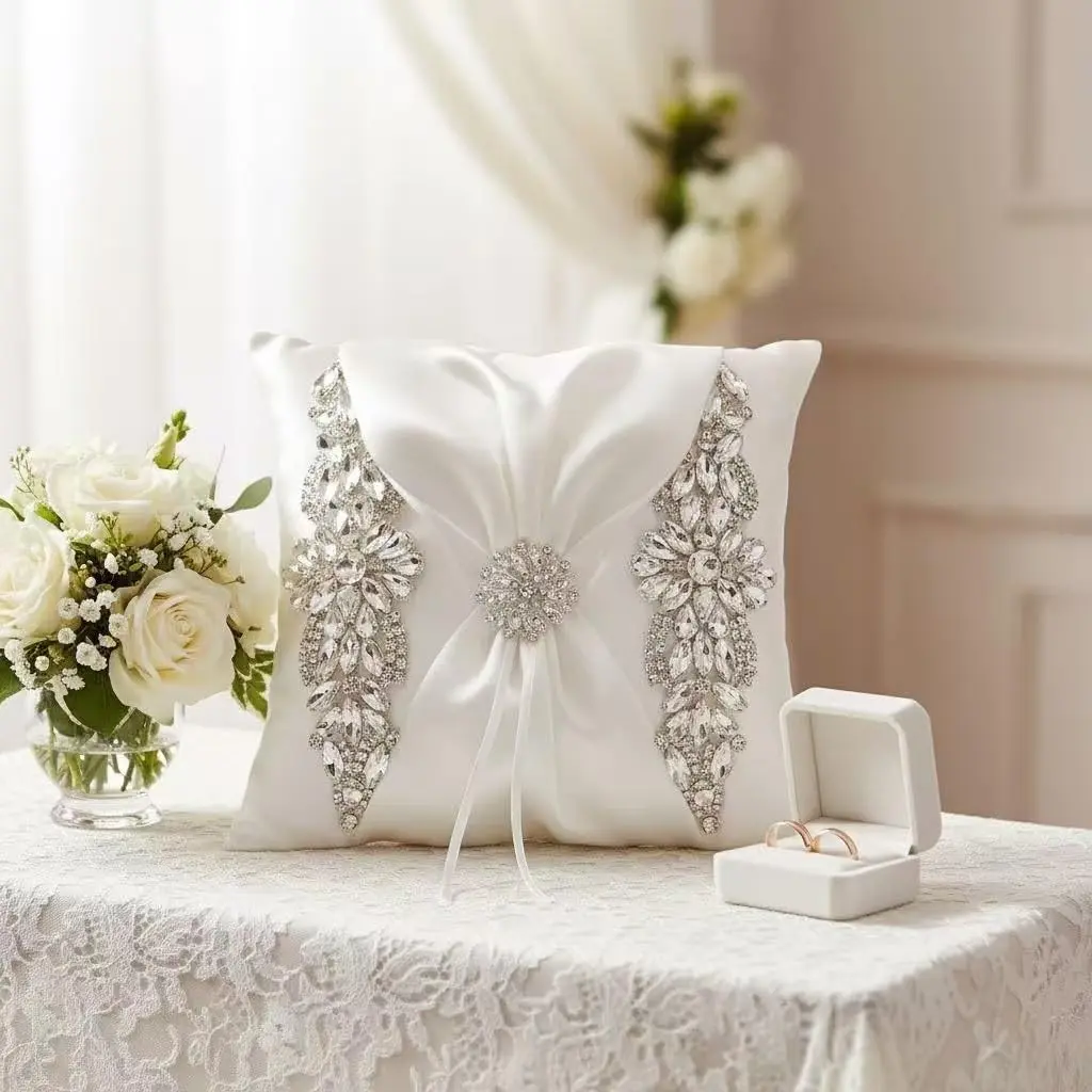Luxury Wedding Ring Pillow with Rhinestone-Encrusted Cover, Elegant Satin Ring Bearer Pillow for Wedding Ceremony, Anniversary, Proposal - Ivory White (White)