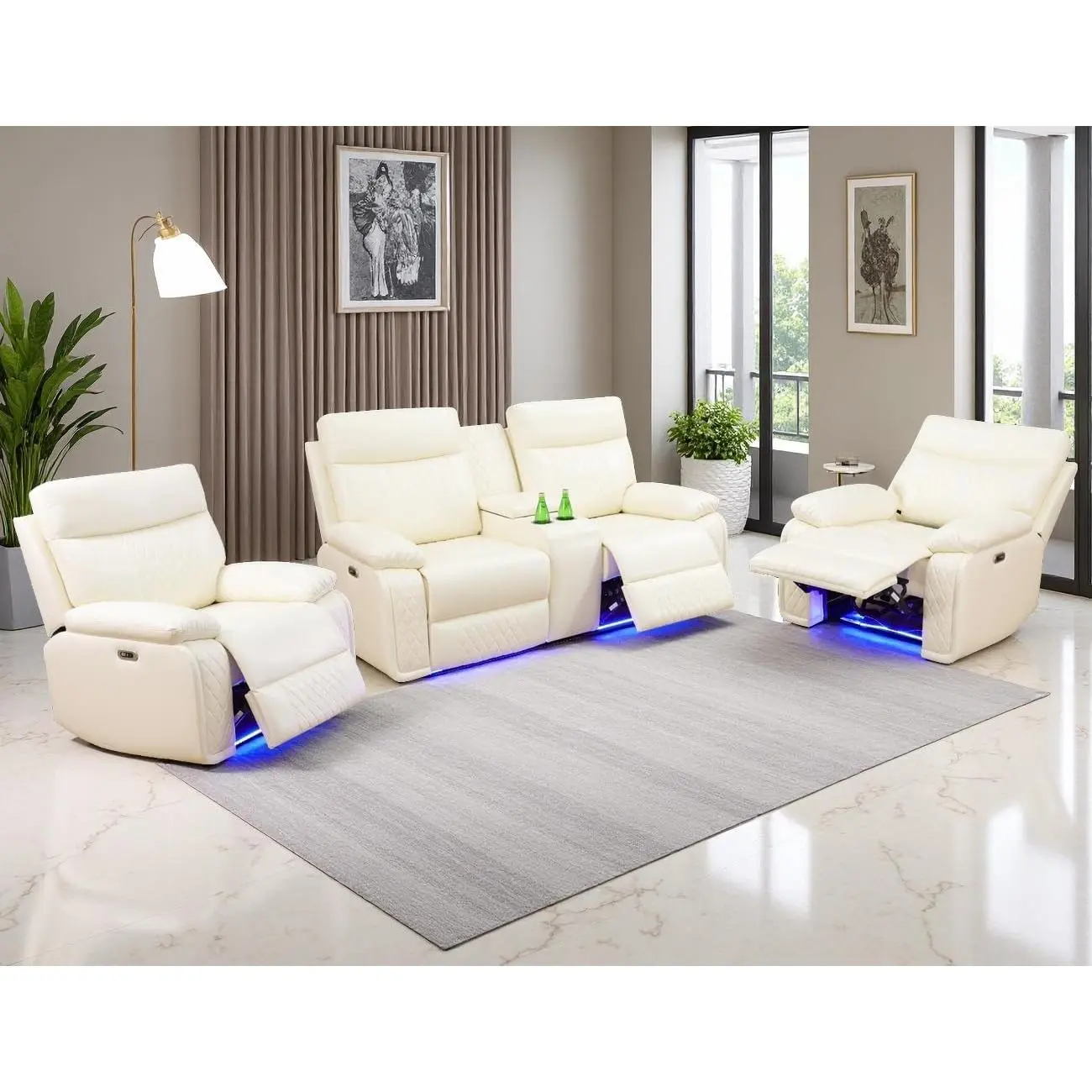AobtkelPower Modern 3PCS Reclining Living Room Set - Breathable PU Leather Recliner Sofa, Loveseat & 2 Chairs with Cup Holders, Charging Ports for Home Theater, Cream White