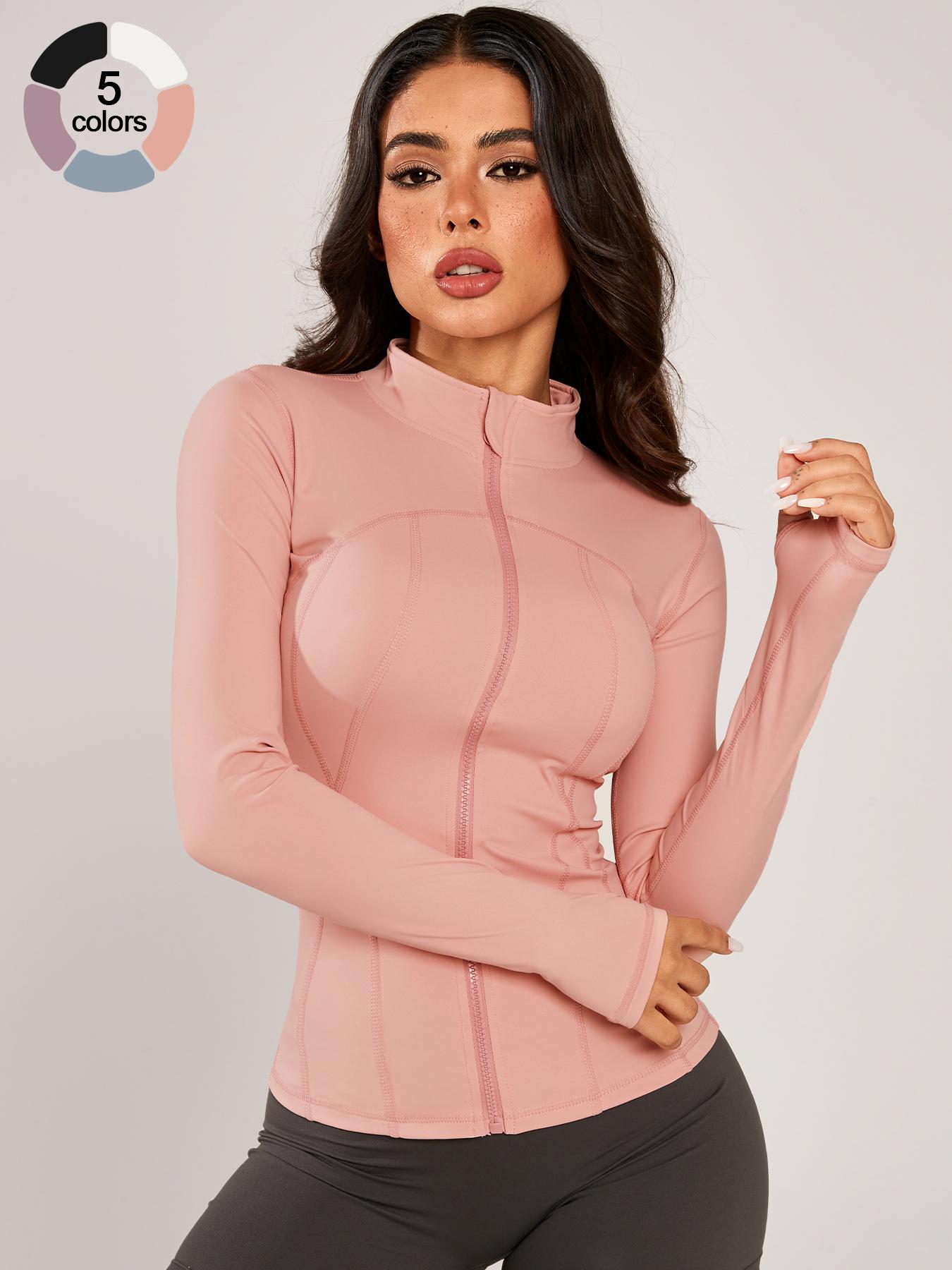 Women's Stand Collar Sport Jacket, Thumb Hole Design, Comfortable Breathable Training Long Sleeve Coat, Gym & Outdoor Cycling Fashion, High Elasticity Jacket