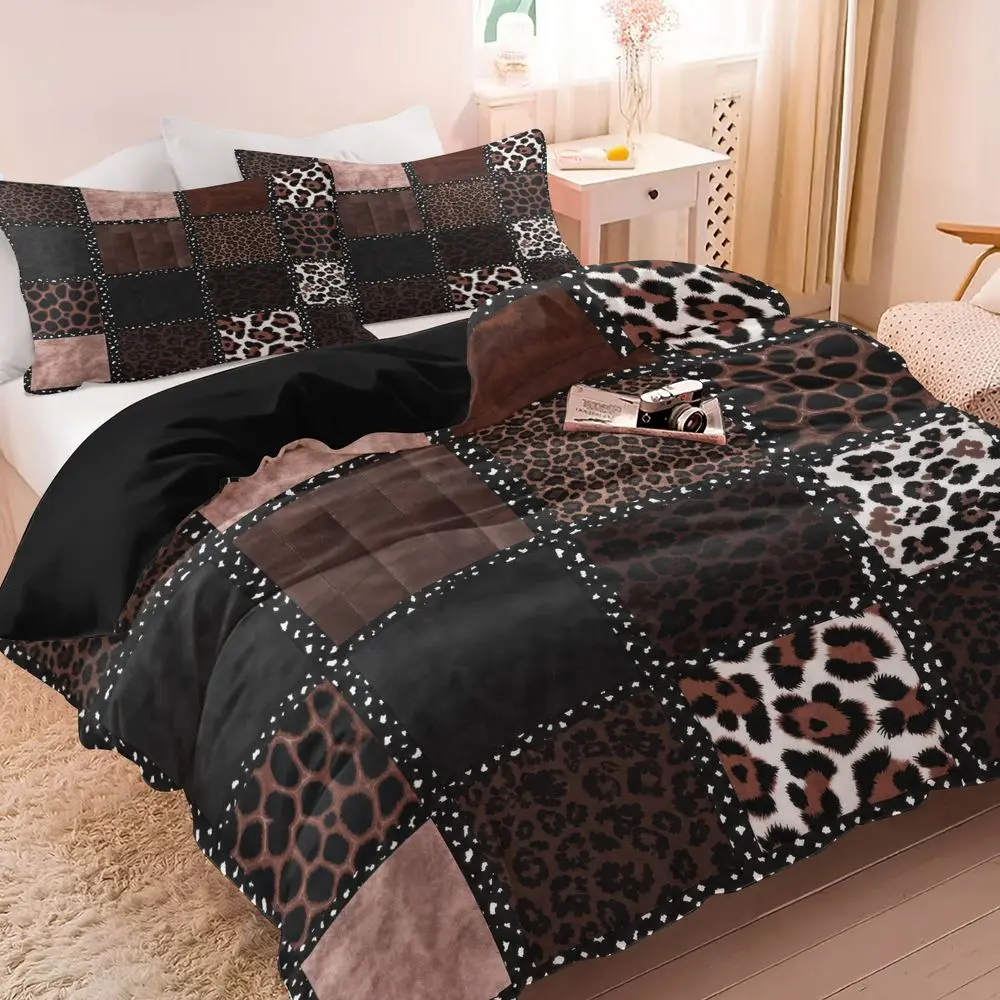 2/3Pcs Luxury Leopard Print Duvet Cover Set, Boho Patchwork Bedding Set, Soft Microfiber Bedding with Matching Pillowcase, Comfy Bedding Set, Modern Animal Print Duvet Cover for Bedroom Decor No Fillers