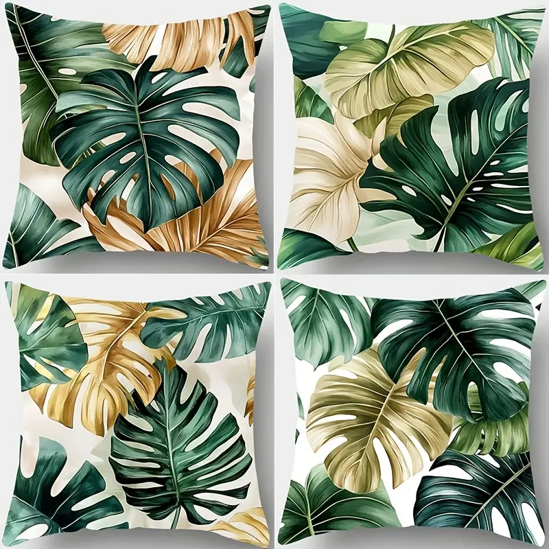 4-piece linen material green palm leaf pattern set.No pillow core, moisture wicking, breathable and heat dissipating, matte premium texture, suitable home decoration in all seasons