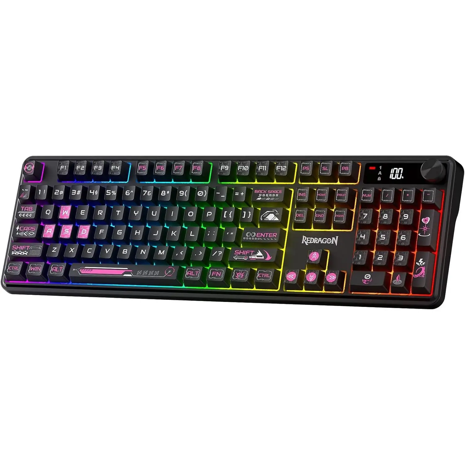 Redragon K526 PRO RGB Wireless Membrane Gaming Keyboard, 104 Keys Mechanical-Feel Keyboard w/LED Info Display, Media/Backlit Knob Control, Smooth Linear Switch & Software Supported
