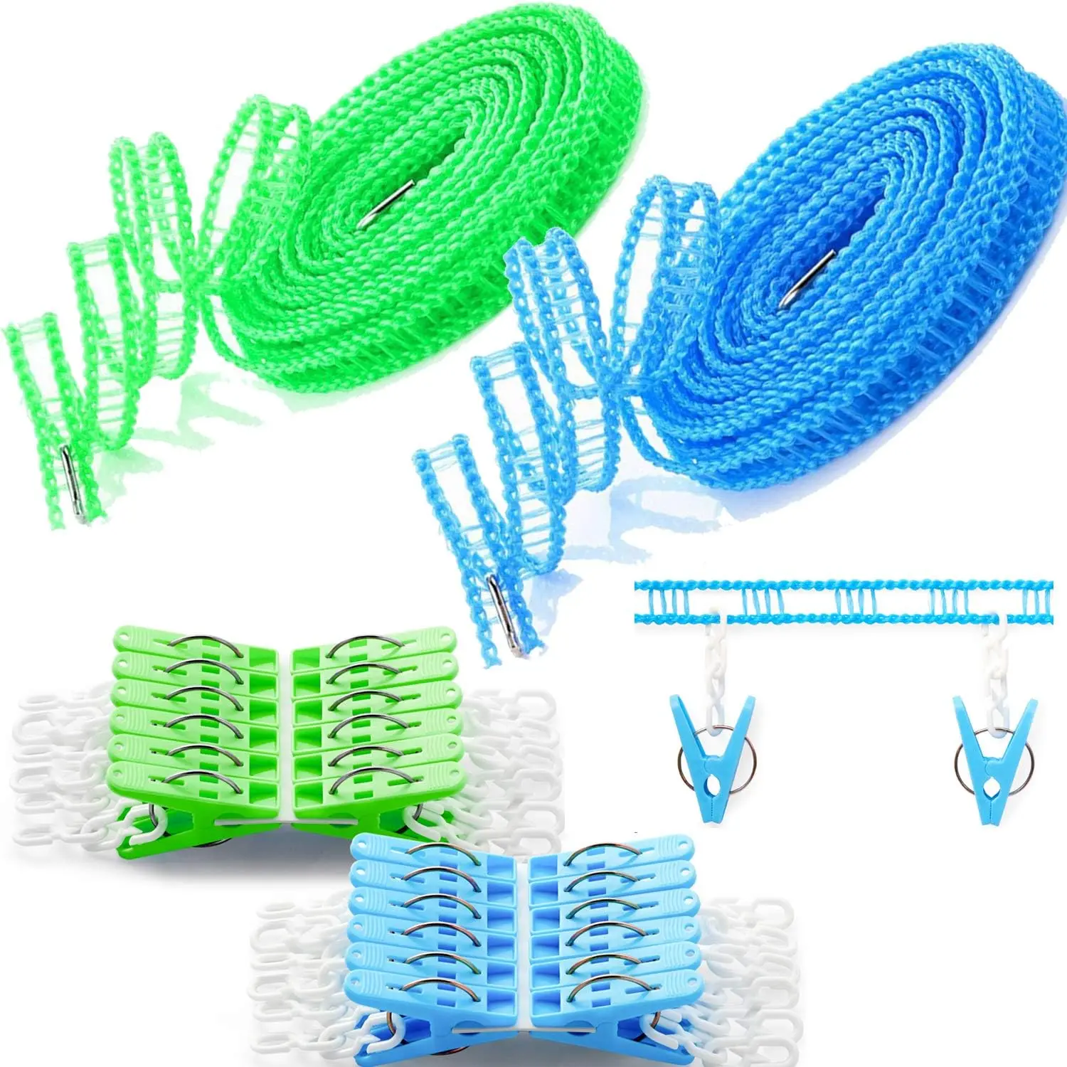 Clotheslines 2 Pack Clothesline Clothes with 24 Pcs Clips Drying Rope Portable Windproof Travel Indoor Outdoor Laundry Clothes Line Hanger Camping Home