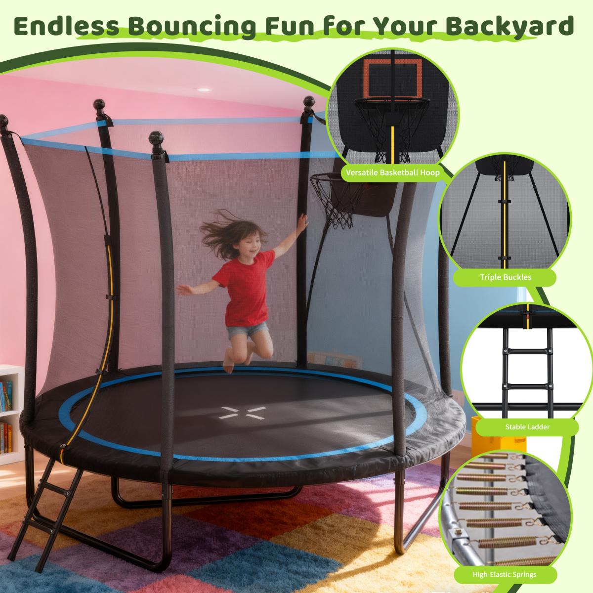 [Fahuac] 8FT Trampoline with Enclosure Net and Ladder, Outdoor Trampoline for Kids and Toddlers, Backyard Recreational Trampoline, Heavy Gauge Galvanized Steel Frame, 3 W-Shaped Legs