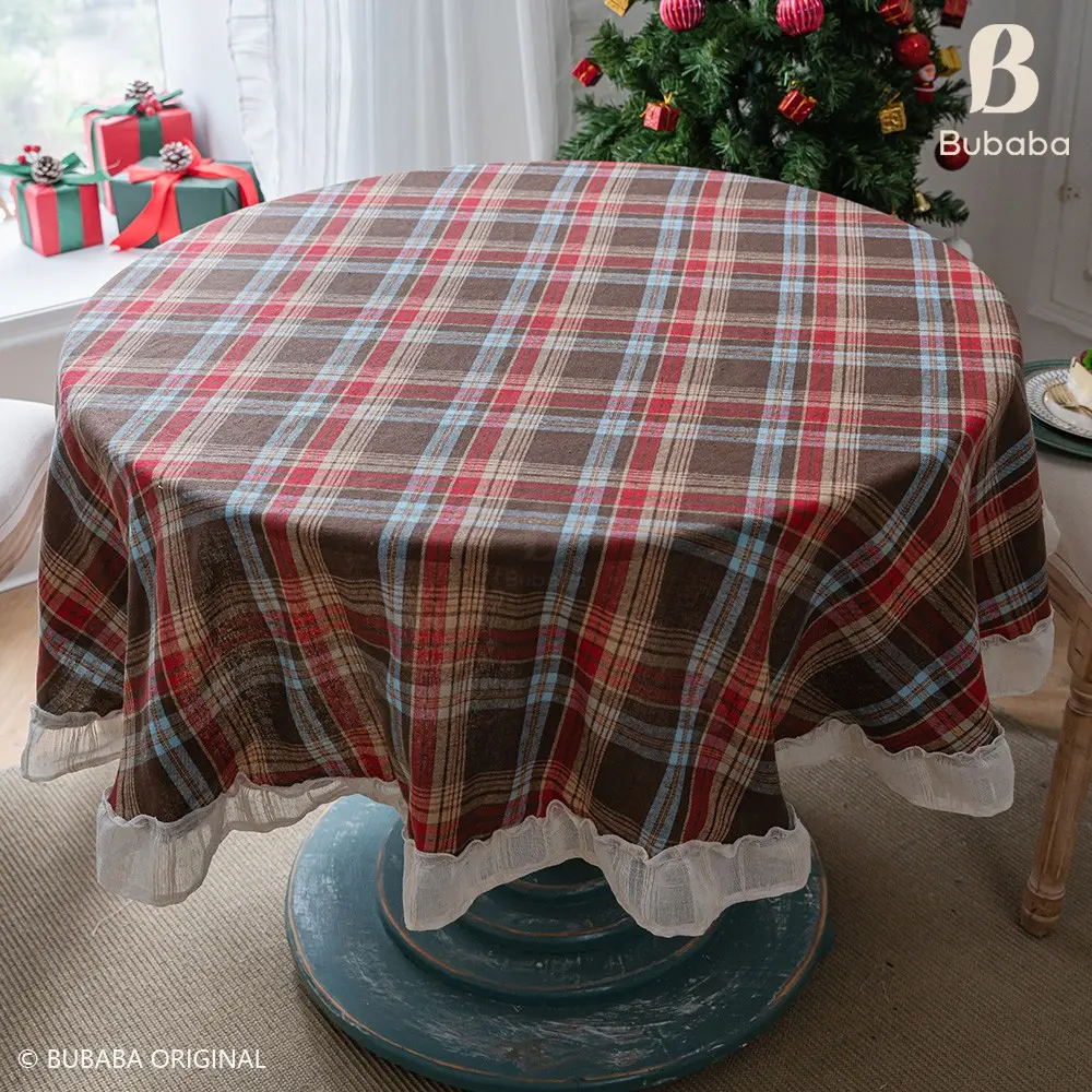 1pc Christmas Round Tablecloth, Classic Plaid, Lace Ruffle Edge, Holiday Party Dining Table Decor, Festive Table Cover, Decoration