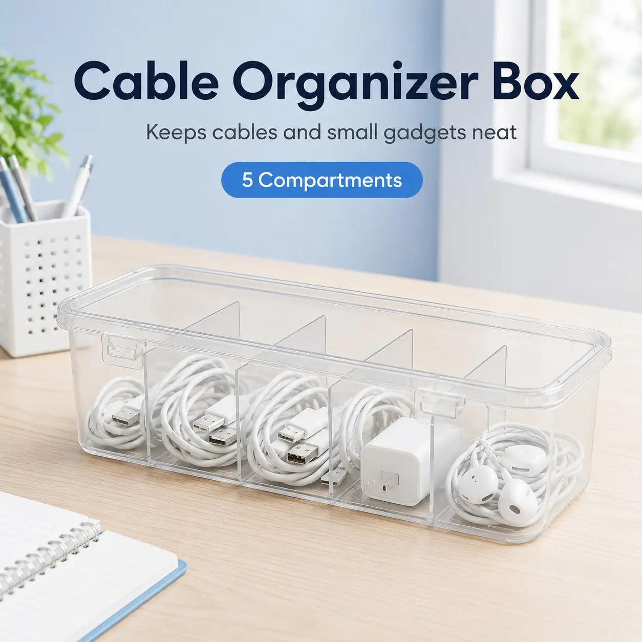 Data Cable Organizer Box, Desktop Wire Management Tray, 5 Compartment Transparent Dustproof, Charging Cable Storage, Home Office Drawer Style