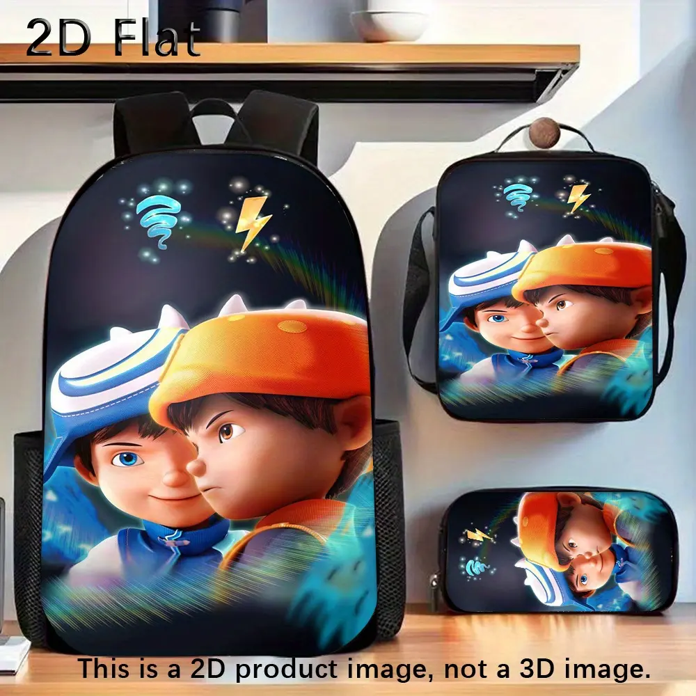 Unisex Kids 3-Piece School Backpack Set, 600D Oxford Waterproof Fabric Backpack + Lunch Bag + Pencil Case with BoboiBoy Cartoon Print, Zipper Closure, Breathable Straps, Fits 15-in Laptop
