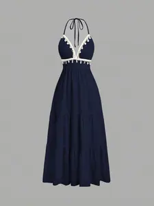 Women's Shell Decoration Tie Waist Halter Neck Midi Dress, Elegant Mid-Length Dress with Shell Accents, Perfect for Casual & Formal Occasions