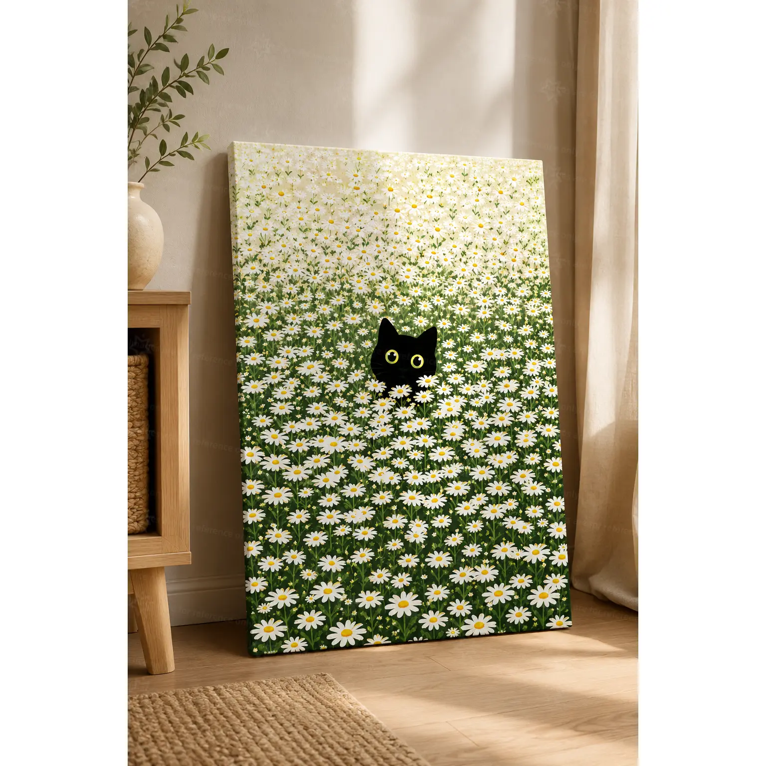 Black Cat in Daisy Field Wall Art Canvas, Cute Floral Animal Artwork for Living Room Bedroom Nursery Office, Green White Botanical Home Decor, Decorative Poster, Poster Prints, Unframed Canvas Poster or Framed Canvas Wrap