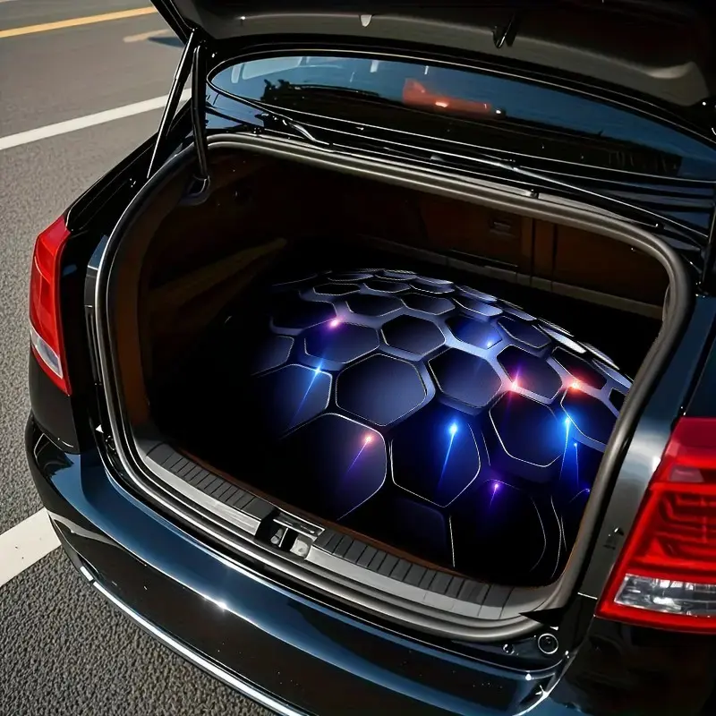 Neon Blue Honeycomb Hexagon Tech Car Cargo Mat, Waterproof Anti-Slip Rubber Boot Liner, Universal Trunk Protector, Futuristic Decor Mat