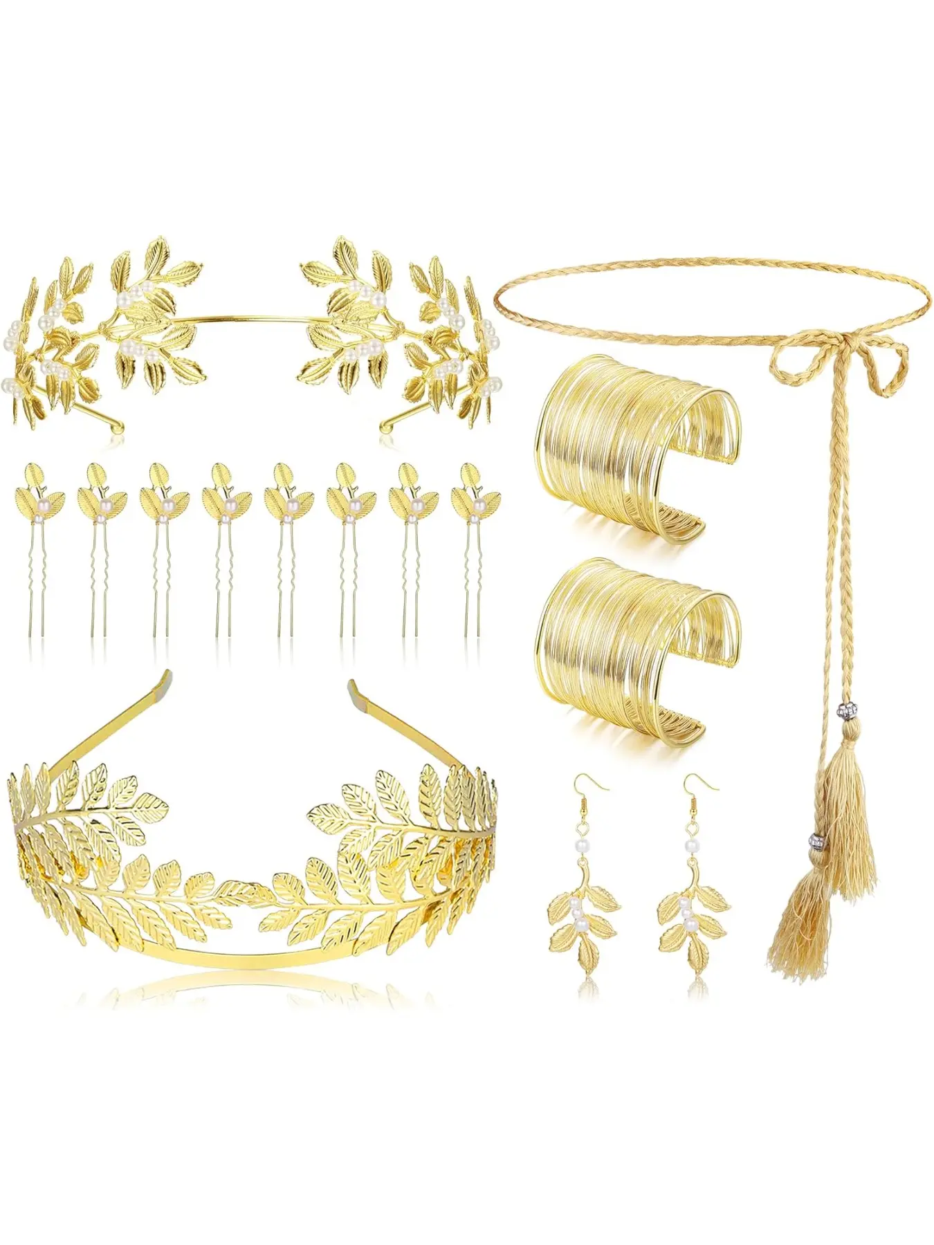 14 Pcs Greek Goddess Costume Jewelry Sets Necklace And Bracelet Set Accessories Laurel Leaves Crown Upper Arm Coil Bracelet Hair Headpiece Artificial Pearl Earrings Necklace Toga Waist Belt for Women Party Bridal Wedding